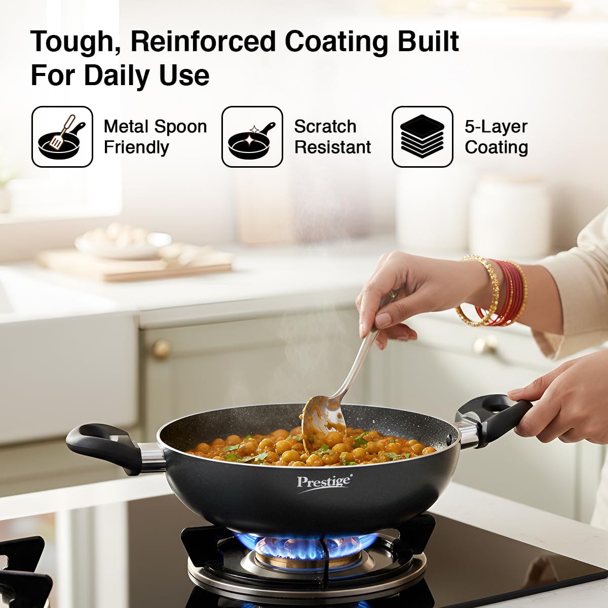 Prestige Omega Deluxe Non-Stick Kadhai | 2.4 litres | Black | Induction Base | Non-Stick Granite Finish | Scratch Resistant | Dishwasher Safe | Metal Spoon Friendly 4