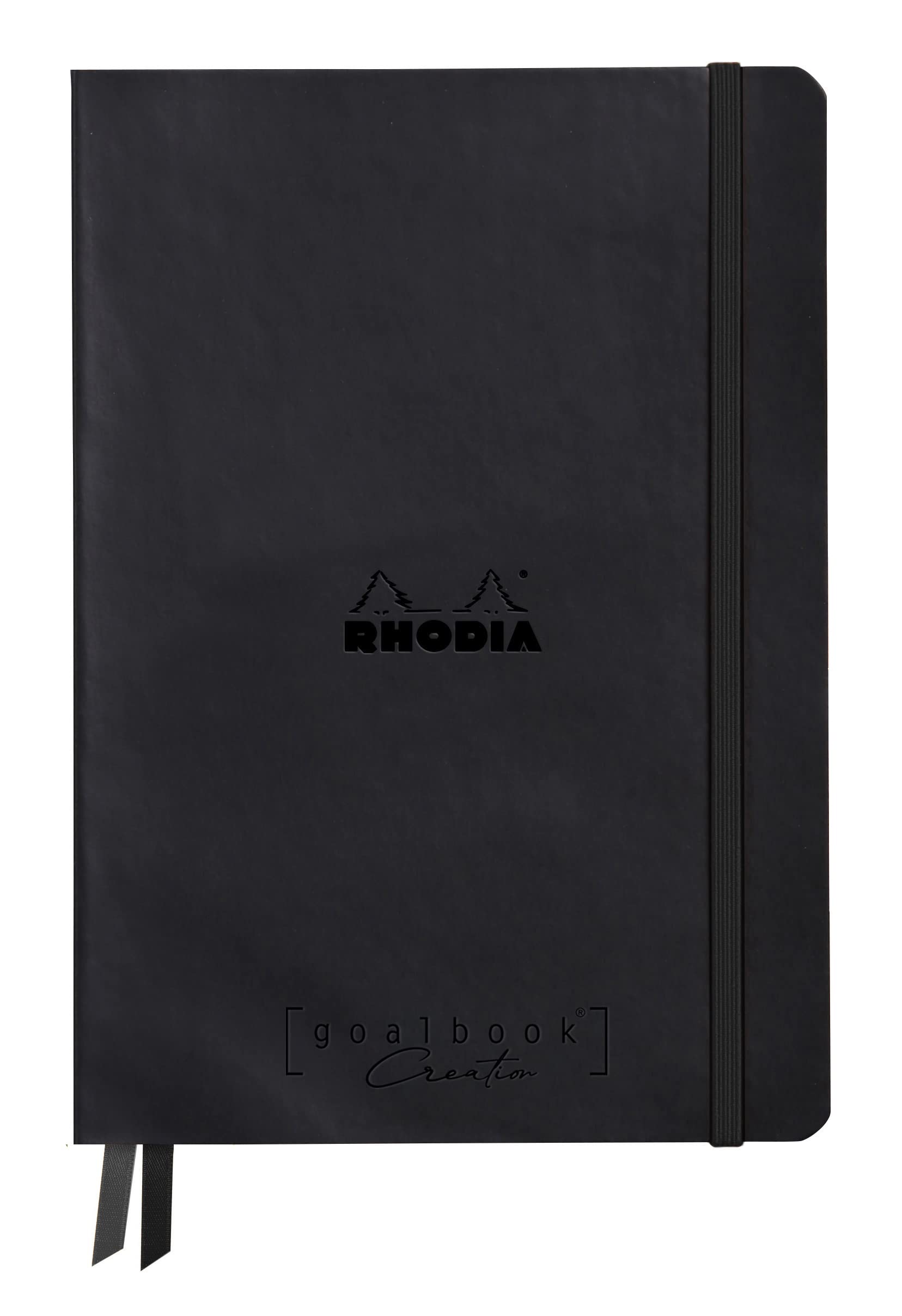 RHODIA 194440C - Rigid Notebook Journal Goalbook Creation Black - A5 14.8 x 21 cm - Dotted 160 pages Black Maya Paper 120g/m² - 2 Ribbons - Faux Leather Cover
