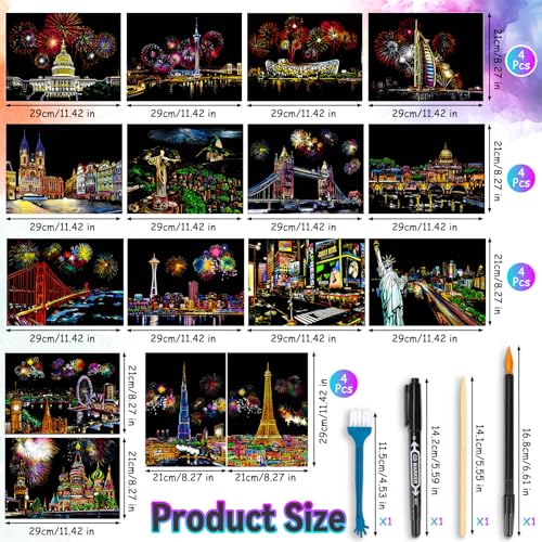 16 Blätter Kratzbilder Erwachsene, Kratzpapier A4 mit 4 Werkzeugen, 29 x 21cm Stadt-Serie Scratch Art, Regenbogen Kratzmalerei für Erwachsene und Kinder DIY-Handwerk