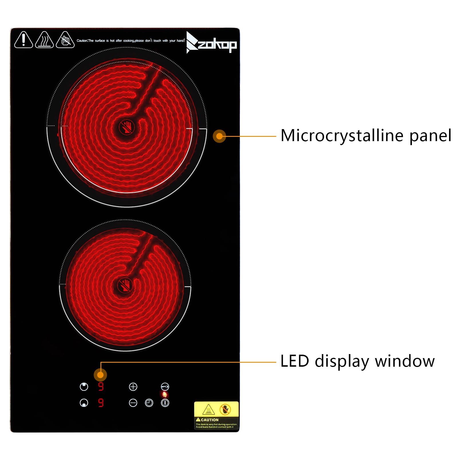 Winado 2 quemadores eléctricos de cerámica de 20 pulgadas, 220-240 V, estufa eléctrica multifunción con 9 niveles de calefacción, temporizador y bloqueo de seguridad para niños, control táctil de