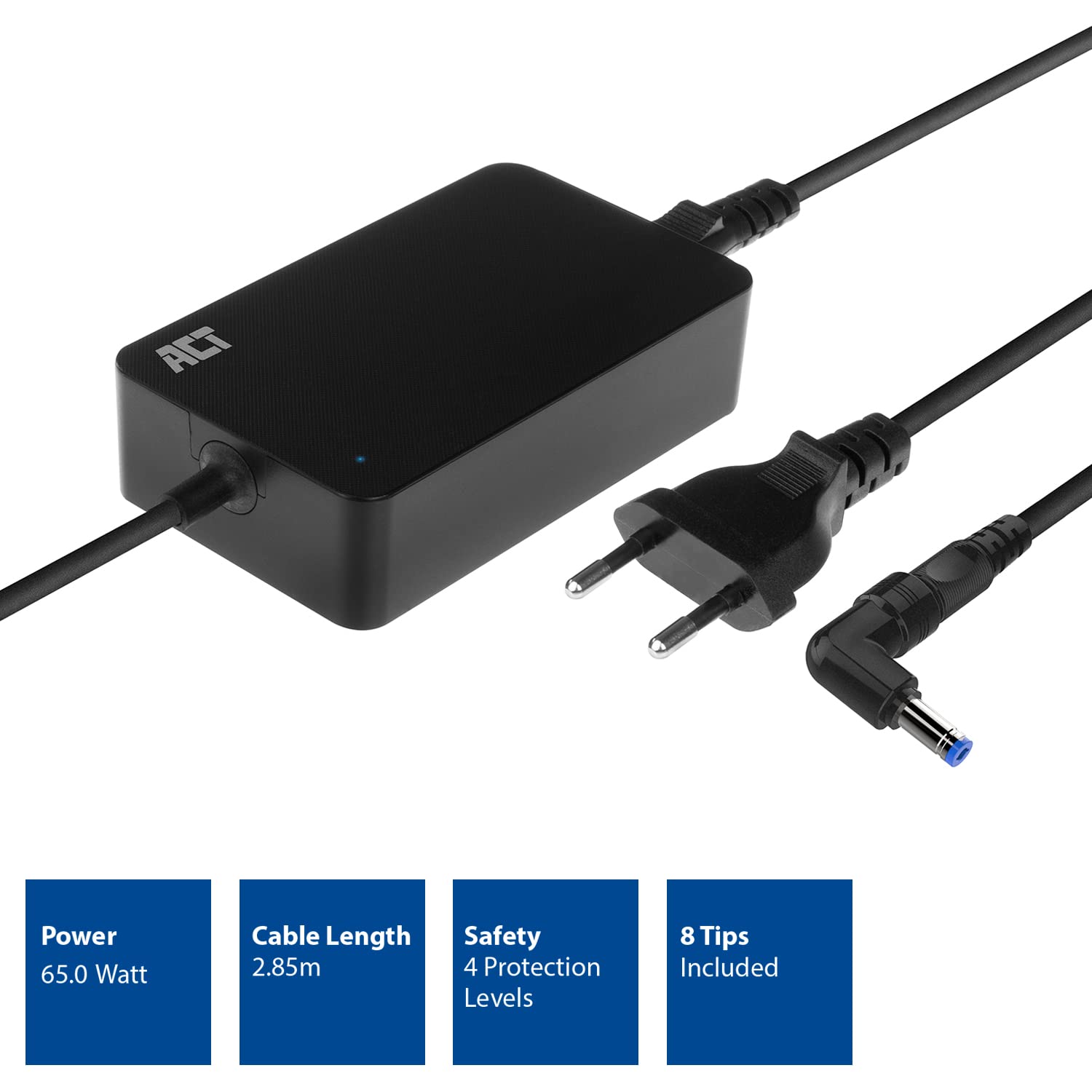 Act Cargador Delgado Universal para Ordenador portátil, 65 W, 8 Unidades (portátiles de hasta 15,6 Pulgadas), Longitud de Cable de 2,85 m – AC2055