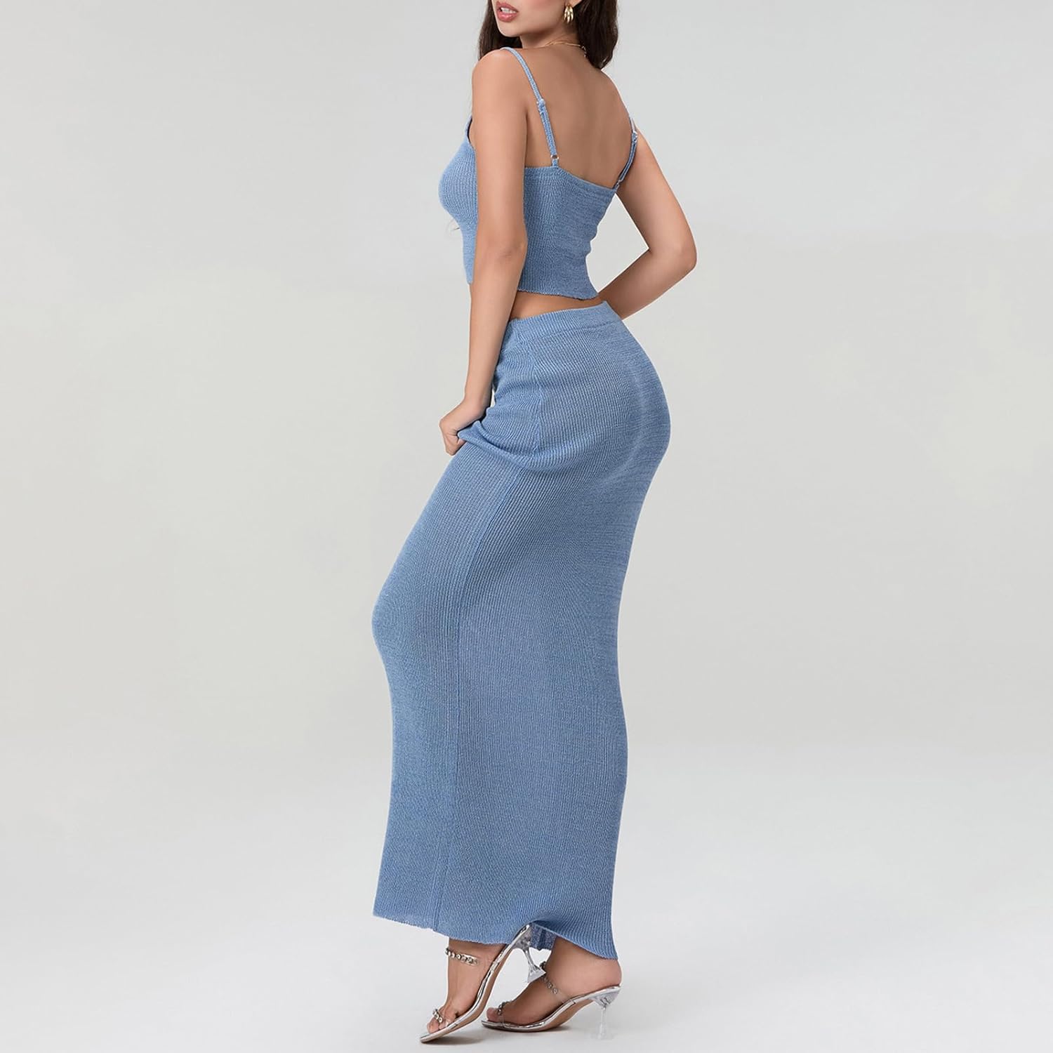 Women Two Piece Skirt Outfits Sleeveless Spaghetti Strap Scoop Neck Cami Tops Bodycon Sexy Maxi Skirts Sets Summer - Image 4