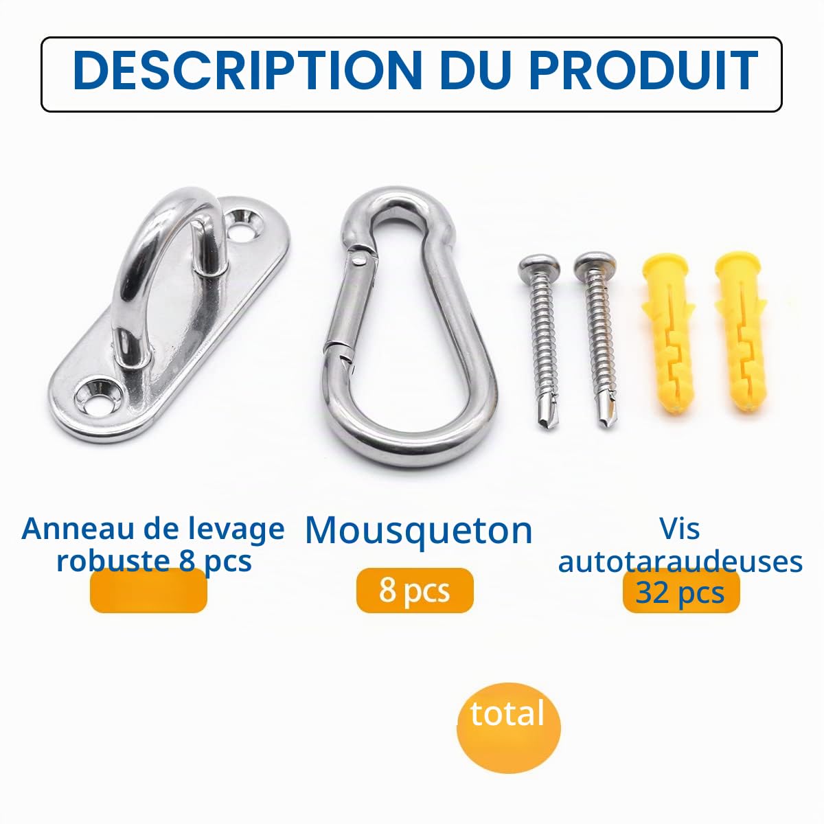 Crochet Plafond 60mm, Pontet INOX M6 (8 Pcs) et Mousquetons M6 (8 Pcs), Combinaison de Crochet Plafond de 60mm de Long