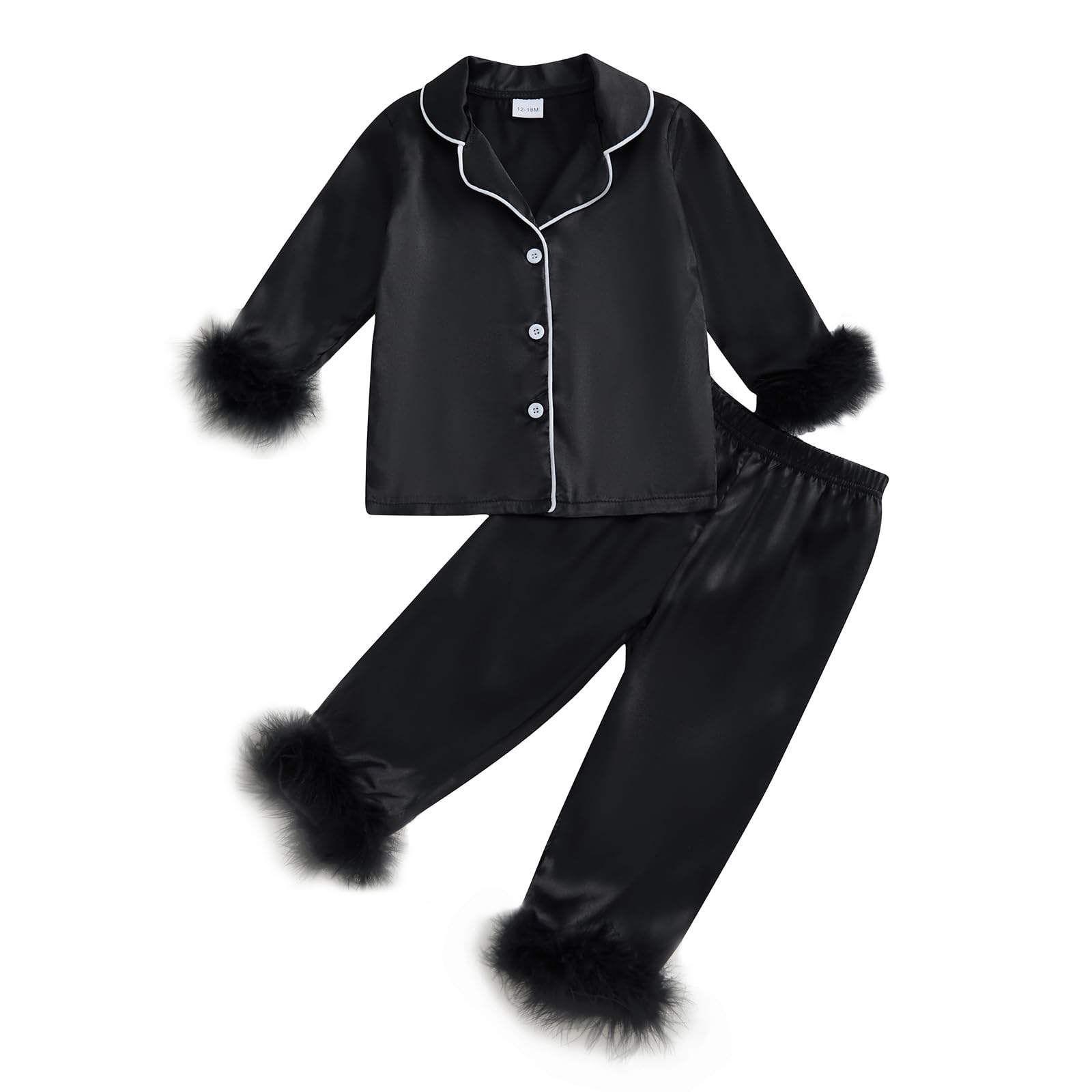 Nokpsedcb Toddler Girl Satin Pajama Set Feather Trim Long Sleeve Button Down Shirt Top Long Pants Sleepwear Loungewear (Black, 18-24 Months)
