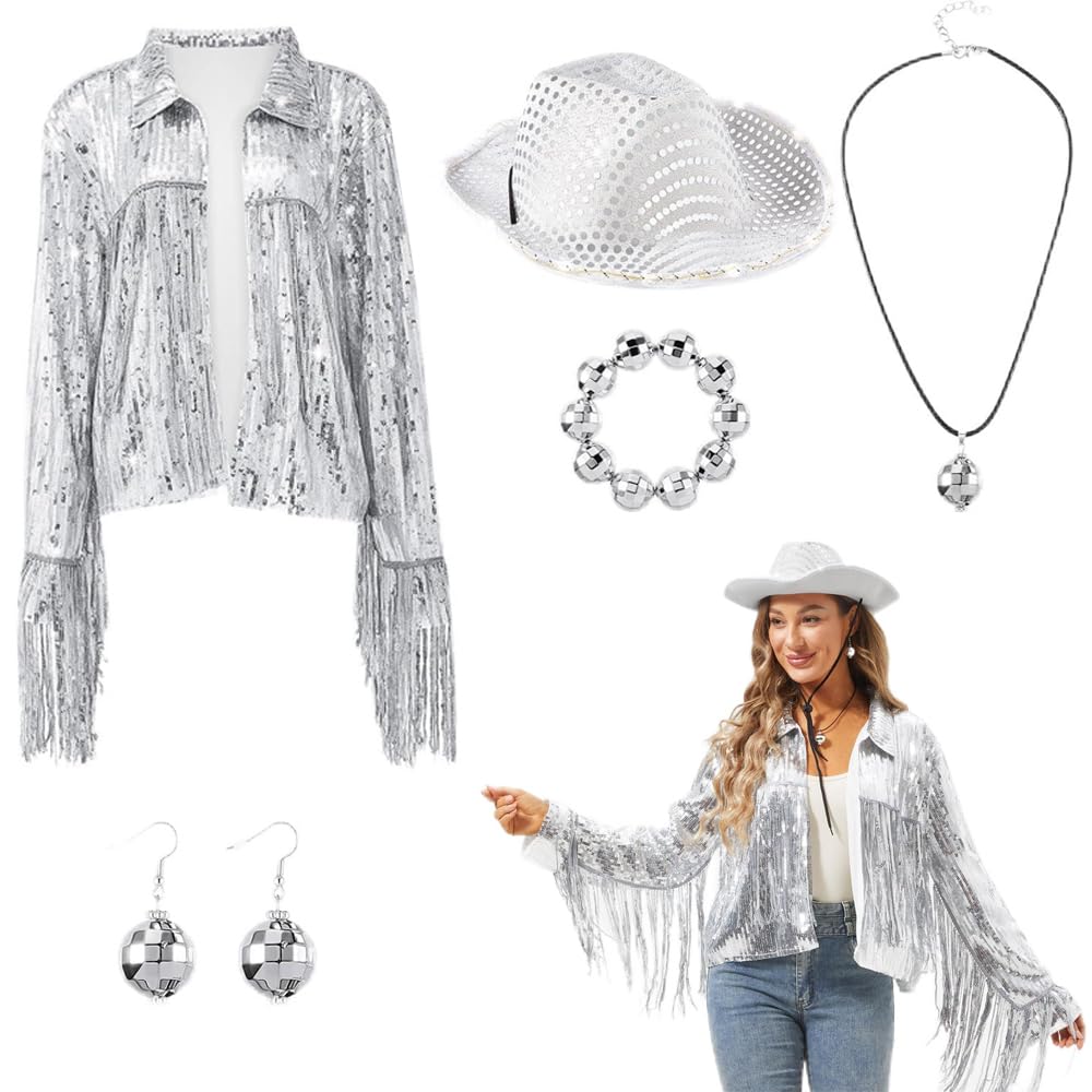 AzoneeAzonee Women's Silver Sequin Fringe Jacket with Complete Disco Accessories, Reflective Mirrored Disco Ball Style for Parties
