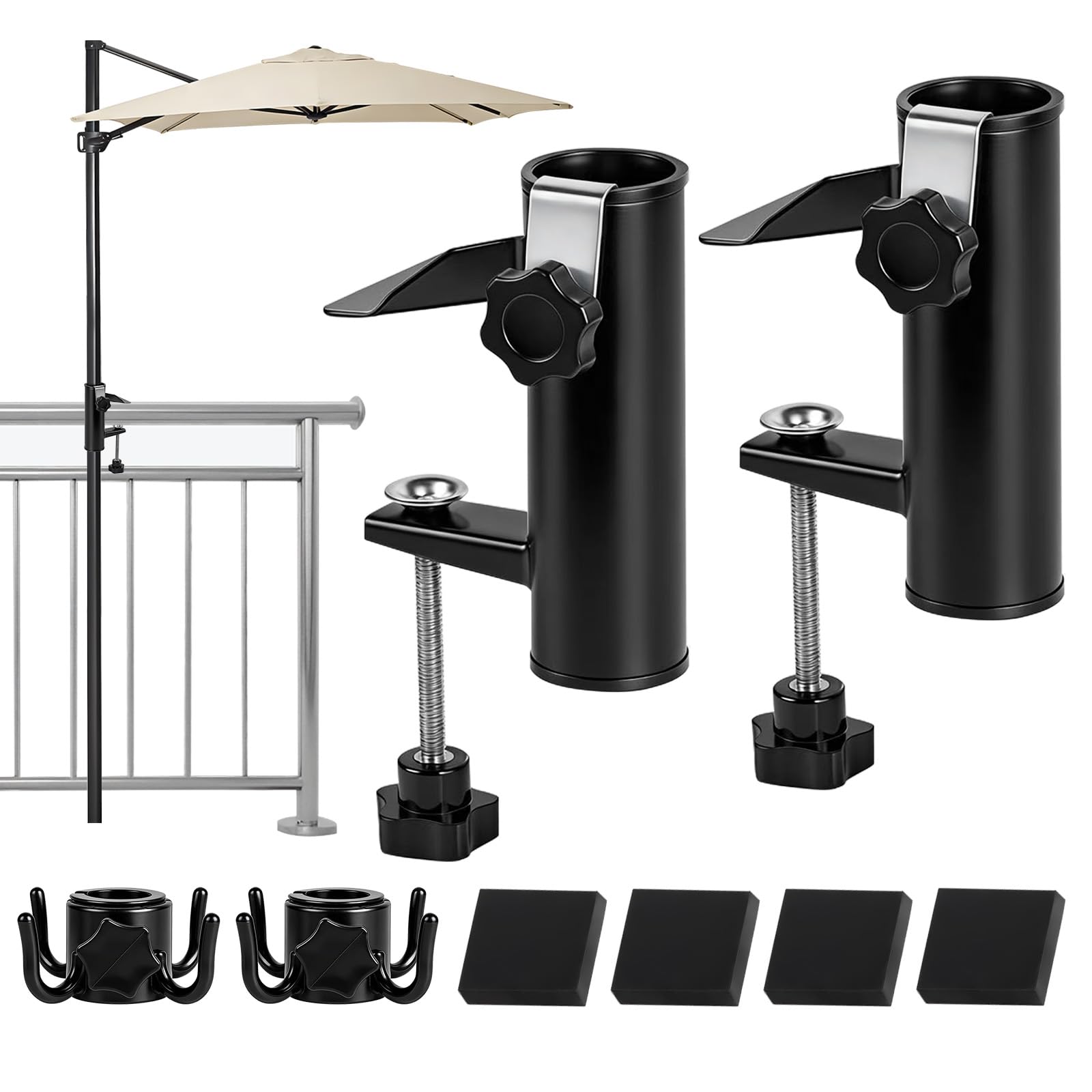 DBREAKS 2Pcs Support de Parasol pour Balcon, Pied de Parasol avec Accroche & Bloc en Caoutchouc, Support de Parasol Réglable, Attache Parasolbalcon pour Balustrade de Balcon, Jardin, Terrasse, Noir