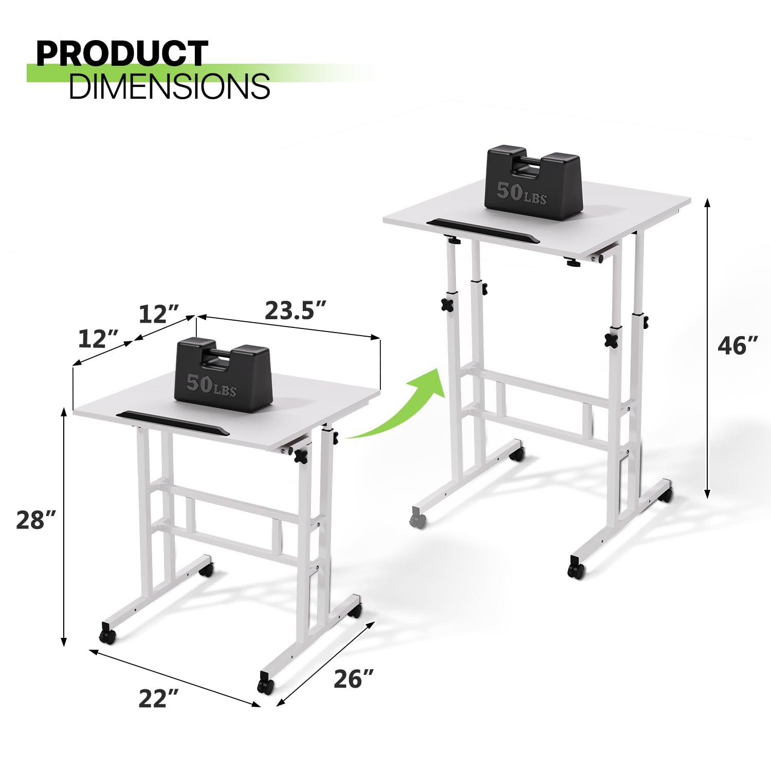 Magshion Standing Desk with Wheels 28-46 Heights Adjustable Sit to Stand Up Mobile Computer Table with Keyboard Tray — view 3