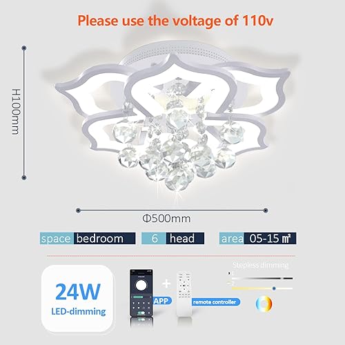 Miniatura 9 de Bevenus Lámpara de techo LED moderna, lámpara de techo con pétalos de cristal de 72 W, lámpara de techo con control remoto para sala de estar,