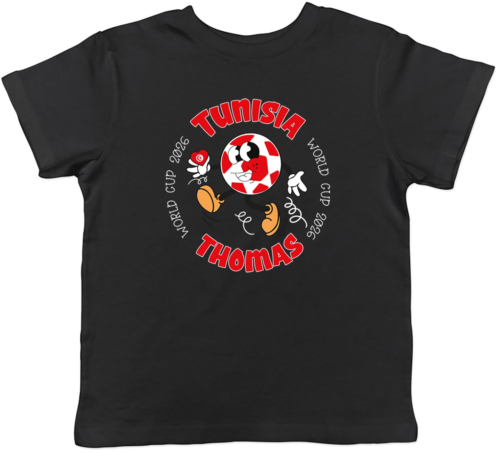 Shopagift Personalised Tunisia World Cup Heart Football Fan Kids T-Shirt Childrens Tee Boys Girls Black