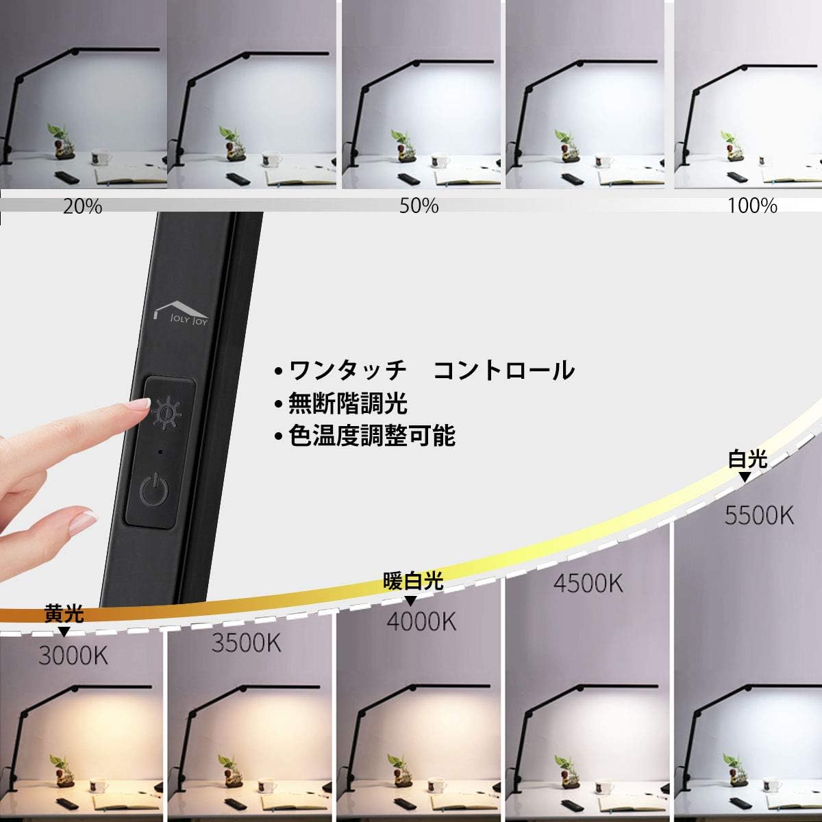 Control panel of the JOLY JOY LED Desk Lamp showing touch controls for dimming, color temperature adjustment from warm white to cool white, and timer settings.
