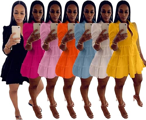 Miniatura 3 de CCIGO Vestido camisero con botones y cuello de solapa de media manga para mujer