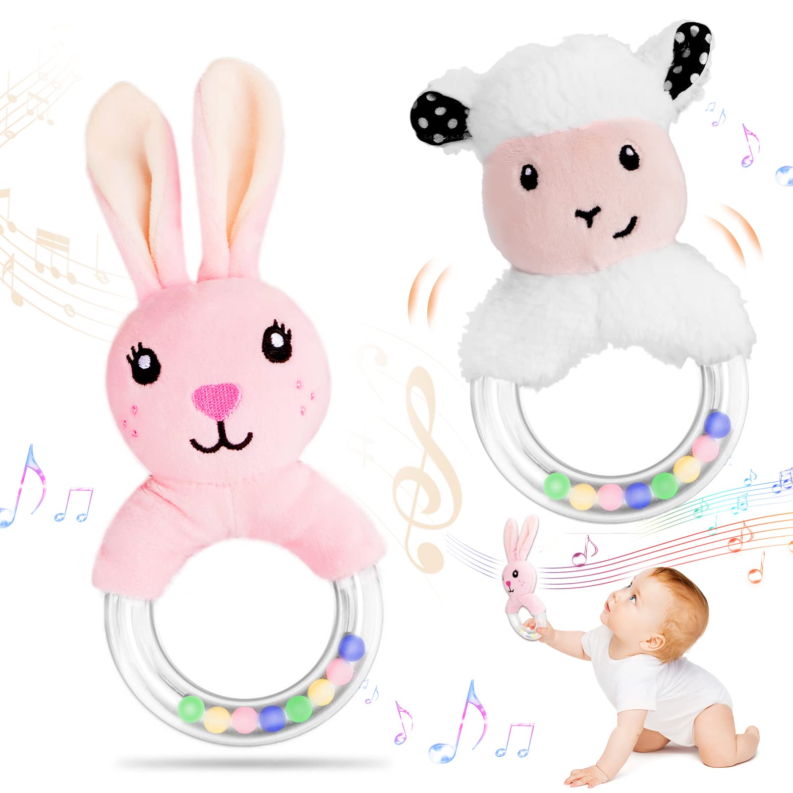 Baby Rattle Toys for 0-12 Months - 2Pcs Newborn Baby Rattle - Teething Ring Sensory Plush Toy Set - Ring Rattle Toy for 0 3 6 9 12 Month Infant Boys Girls Shower Gift (Goats/Rabbits)