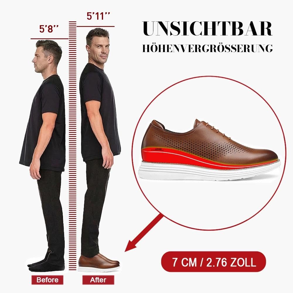 CHAMARIPA Herren Business-Casual-Schuhe mit 7 cm unsichtbarer Innenerhöhung | Obermaterial aus Vollnarbenleder, Integrierte erhöhende Einlegesohle, geeignet für Büroarbeit und alltägliche Anlässe.