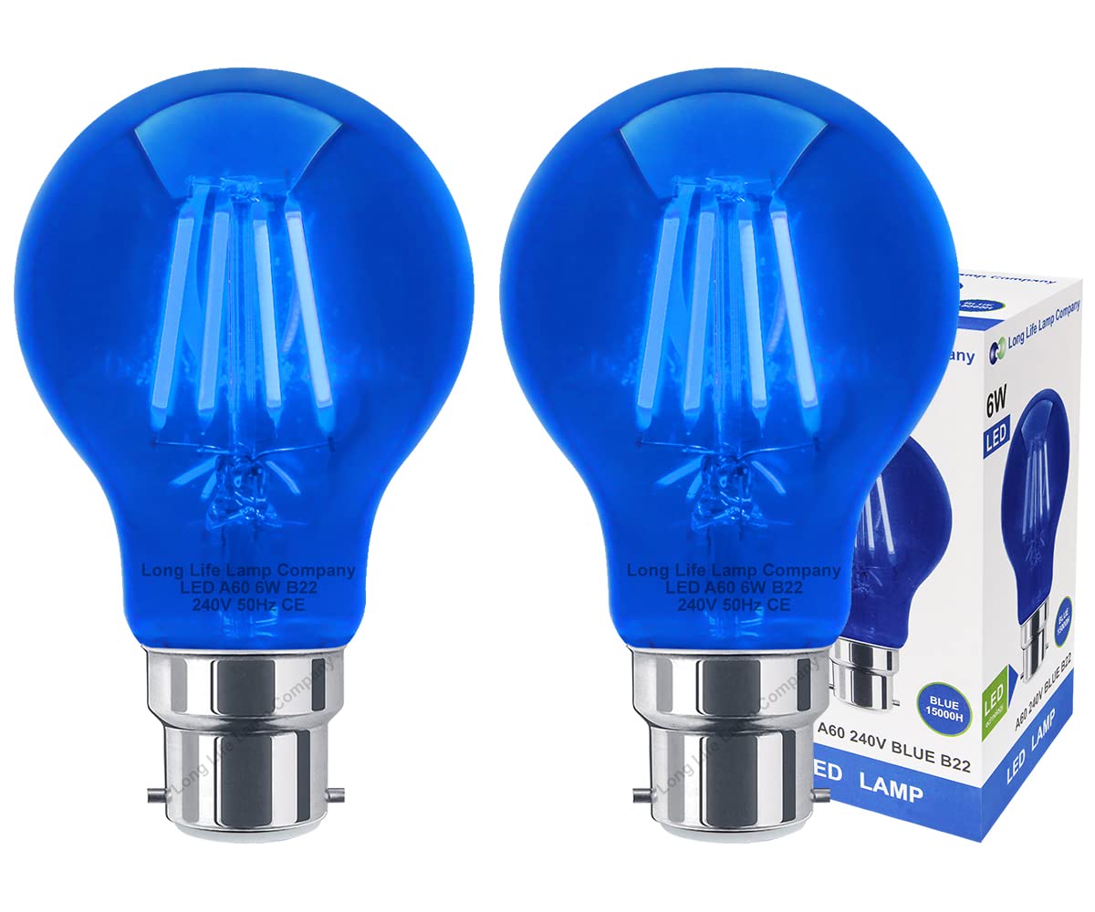 Long Life Lamp Company 2 x 6w LED Blue Light Bulb B22 Bayonet BC Glow Effect A60 Clear Glass