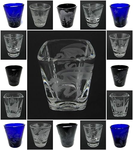 Miniatura 6 de Vaso de chupito grabado a mano con chorro de arena (tallado en arena) hecho a mano con cerdos grabados en Estados Unidos volando sobre las nubes (1,