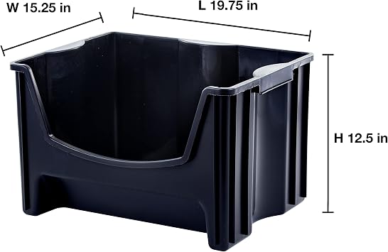 Mighty Tuff Jumbo Stackable Storage Bins, Pack of 3, Easy-Access Storage, Large Easy-to-Grip Handles, Wide Front Opening, Interlocking, Stack Vertically, Black