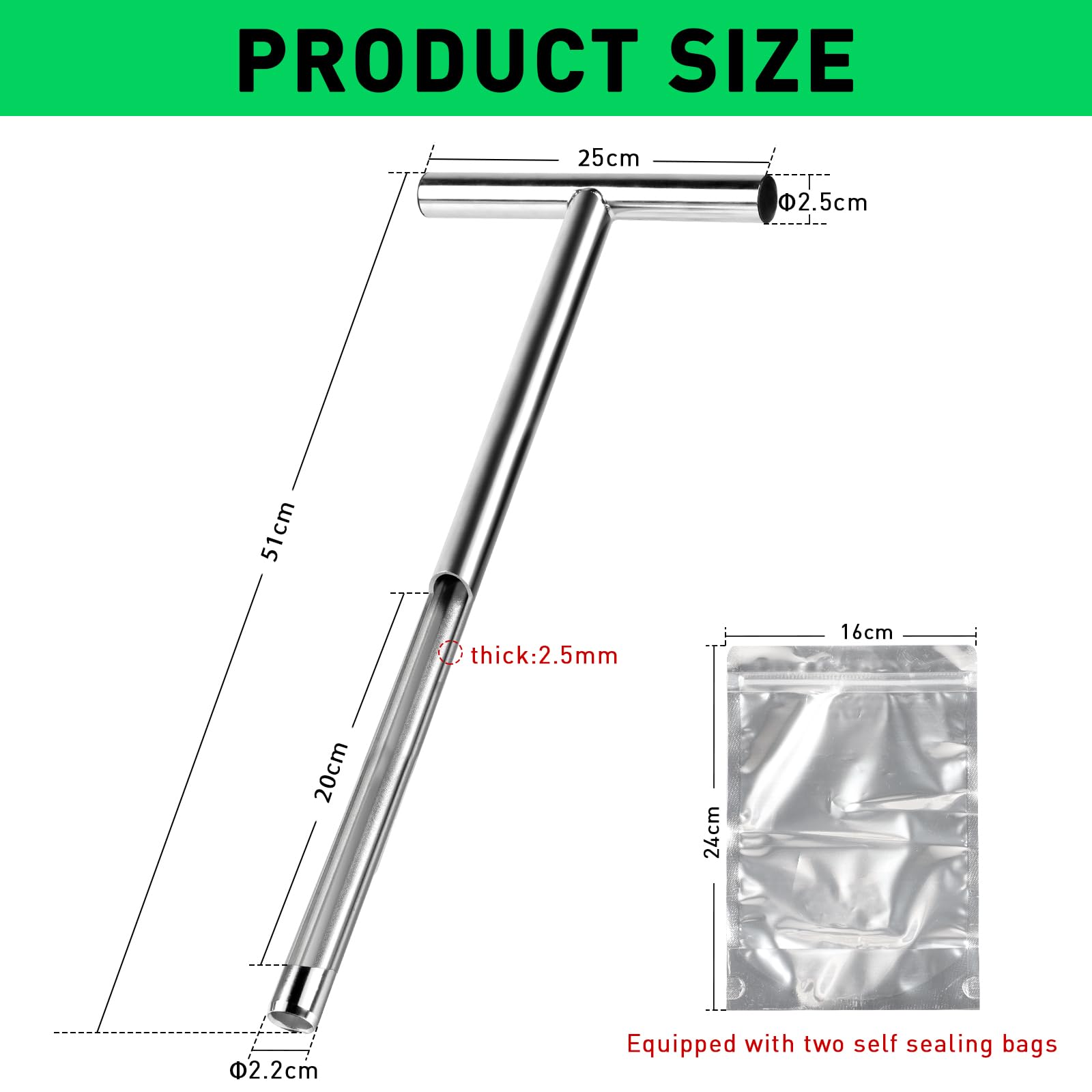 Muestreador suelo 51 cm acero 304 - Sonda en T 2.5 mm con 2 bolsas para análisis de suelos agrícolas, forestales, jardinería