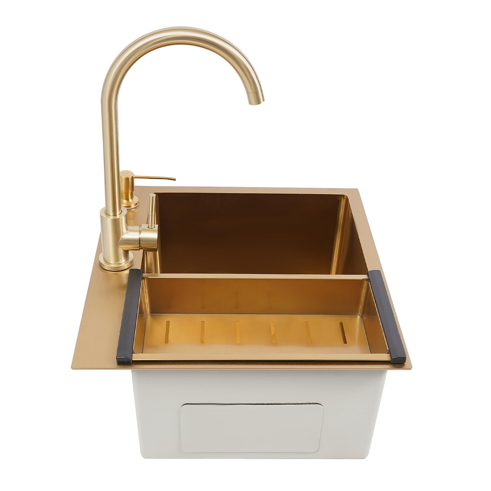 Fregadero de cocina de acero inoxidable Ecoggeder Multifuncional Fregadero de una cubeta Fregadero de cubeta única Fregadero compuesto 55 x 50 cm Oro con grifos, cesta de escurrido, dispensador de