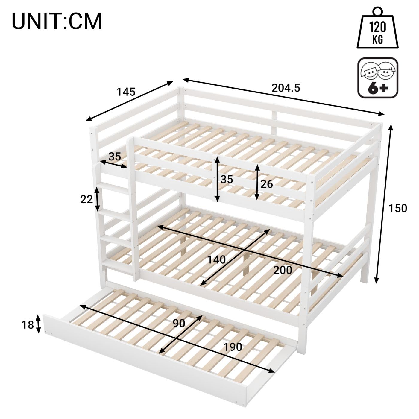 Sweiko Lits superposés 140 * 200cm, Lits pour Enfants avec Lits escamotables, Cadres de lit avec Garde-Corps Hauts, escaliers Stables,White
