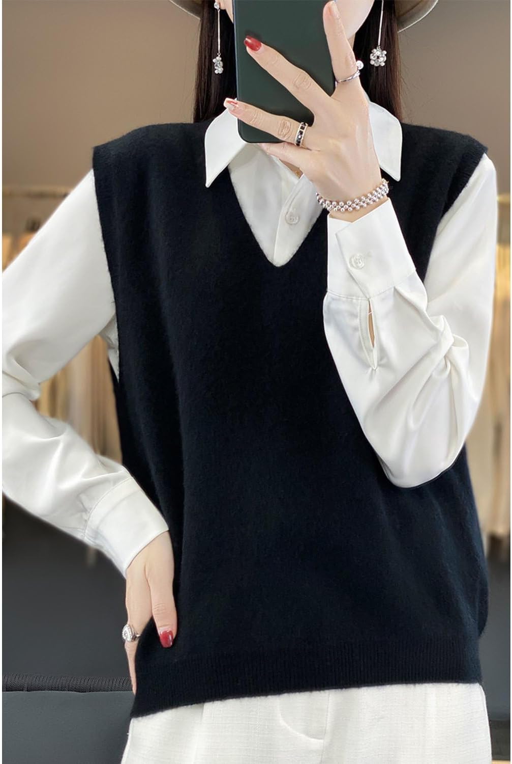 Women's V-Neck Knit Sweater Vest 100% Merino Wool Lightweight Sleeveless Pullover Basic Vest Short Tops - Image 2