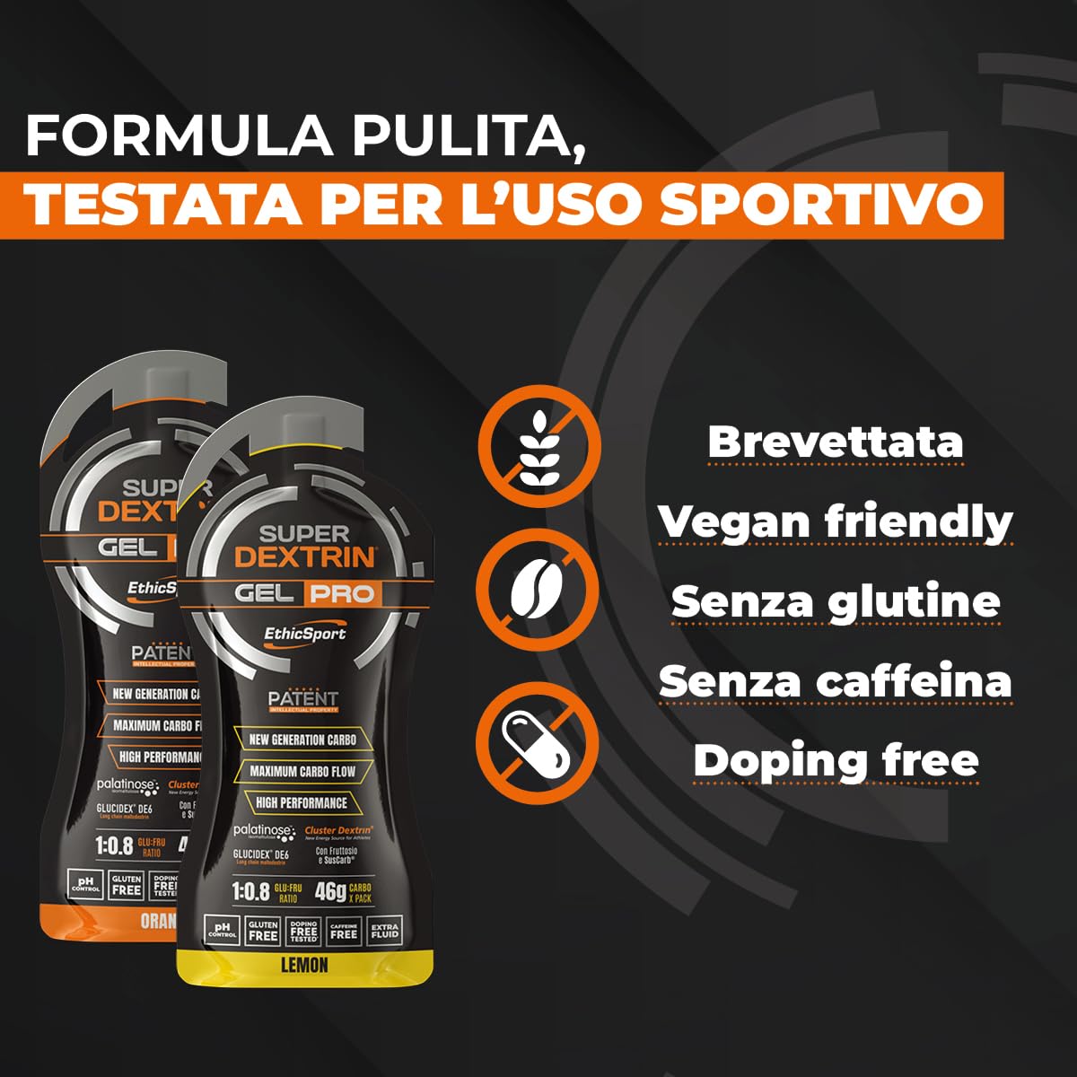 Super Dextrin GEL PRO EthicSport – Gel energetico con carboidrati evoluti 1:0,8 (Glu:Fru) da Cluster Dextrin, SusCarb, Palatinose e Fruttosio – Confezione da 15 x 60 ml - Gusto Limone