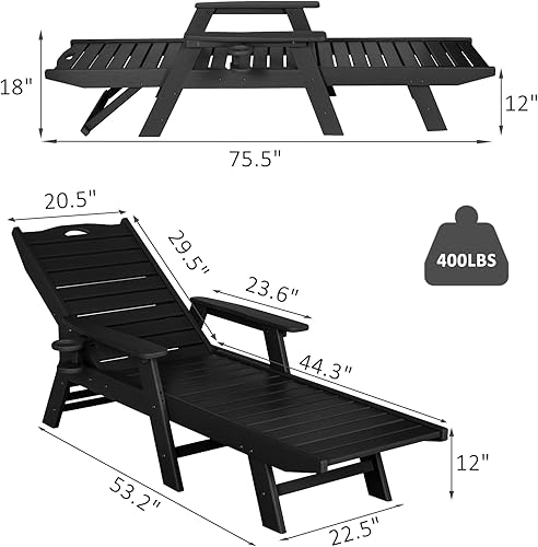 Miniatura 3 de nalone Chaise Lounge para exteriores con respaldo ajustable de 5 posiciones, silla de descanso de polietileno de alta densidad para soportar