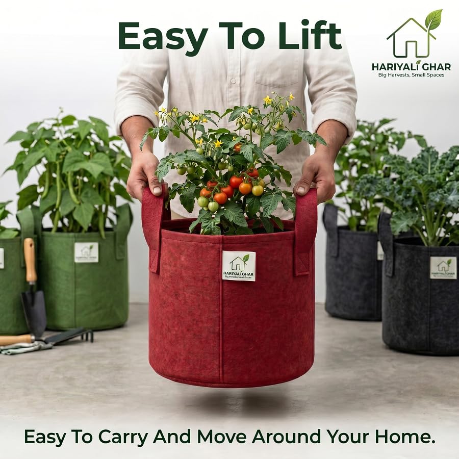 Image of 400 GSM Geo Fabric Round Grow Bags 8x8 Inch with Handle, Red Planting Bags for Terrace and Kitchen Gardening Pack of 8