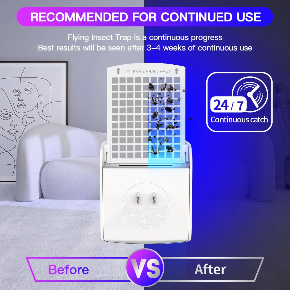 Fruit Fly Traps for Indoors, Mosquito Trap Plug in Bug Catcher with Night Light, Moth Housefly Insect Gnat Traps for House Indoor Kitchen Office - No Odor (1D+6Refills) — view 6