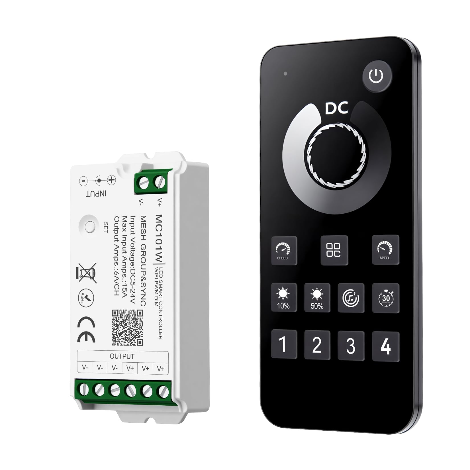 WiFi Single Color LED Strip Controller with Remote for SMD COB LED Lights | Slide to Adjust Brightness, 4 Zones Group Control, Compatible with Tuya/Smart Life/Alexa/Goole Home, DC 5V-24V, 15A Max