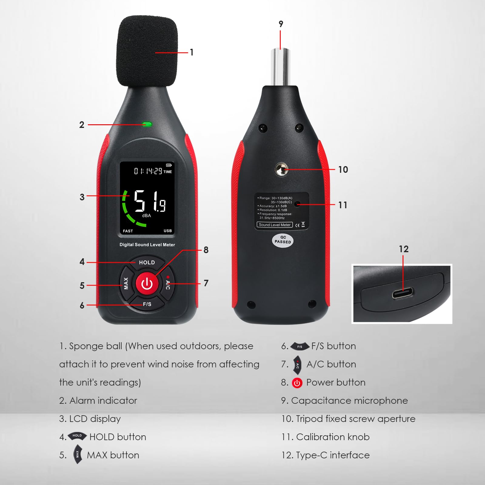 Decibel Meter Data Logger, Digital Sound Level Meter with Recording, dB Meter 30~130dB, 31,000 Data, 3Color Light Alarm - Image 3