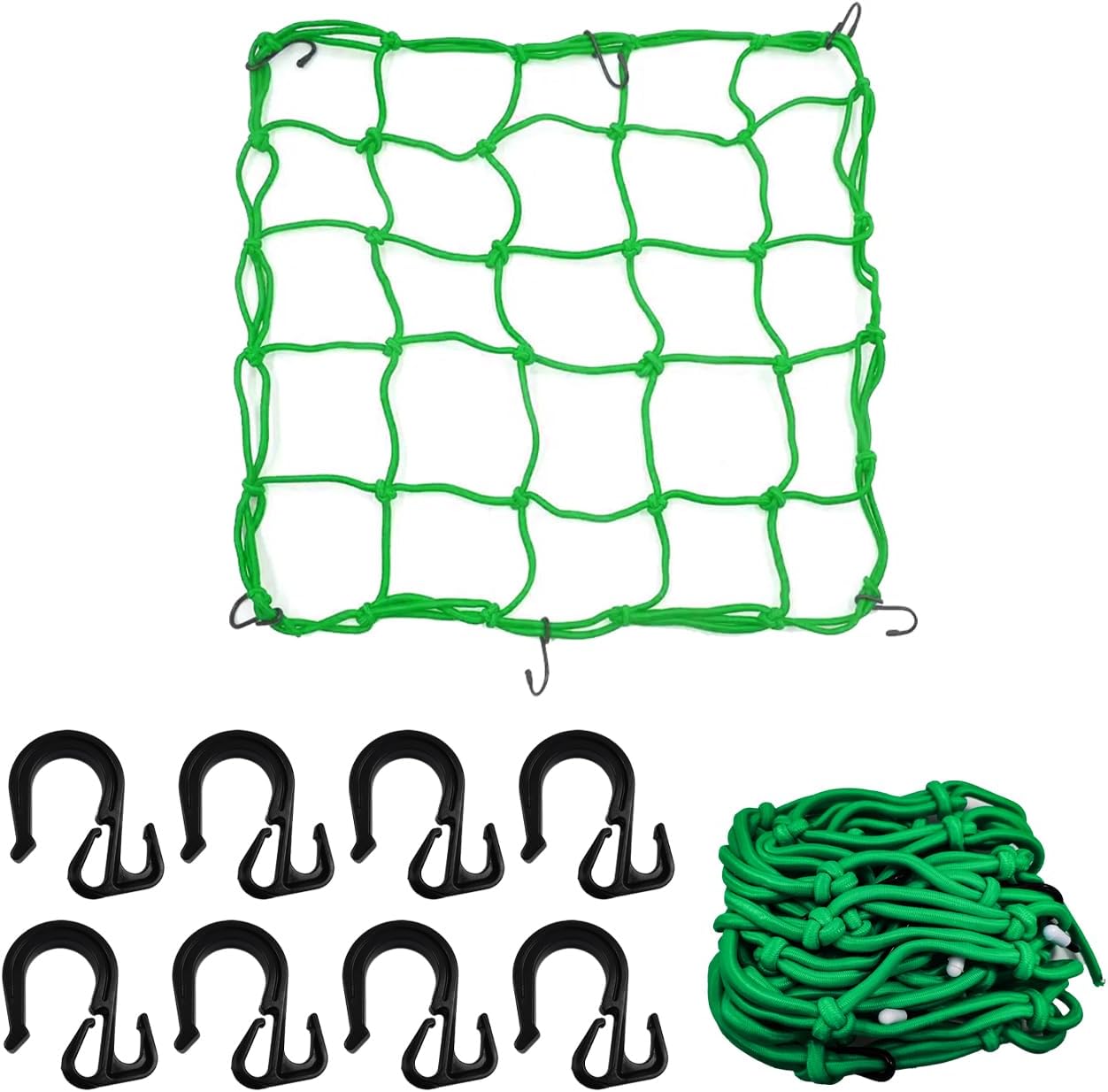 Motorcycle Cargo Net, 15.7"x15.7" Elastic Rubber Bungee Netting Stretches to 31.5"x31.5", Thicken Luggage Helmet Net with 8 Adjustable Hooks for Motorcycle, Bike, ATV (Green)