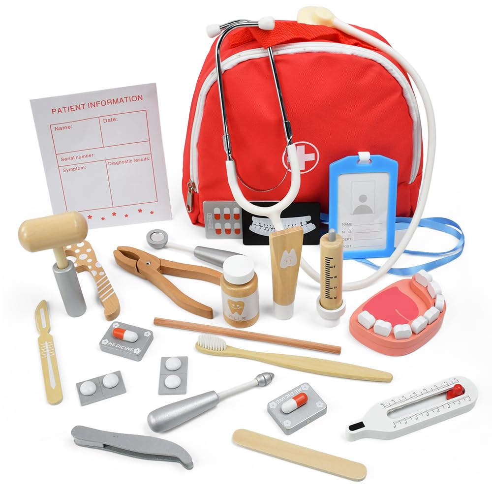 OLRWSLG Doctors Set for Kids, 22 Pcs Wooden Dentist Toys Toddler Doctor Kit Doctor Role Play Set Medical Play Kit Doctor Bag Dress Up Toy Educational Role Playing Toys for 3+ Year Old Boys and Girls