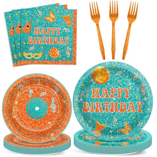 Image of 96PCS Popular Singer Birthday Party Paper Plates and Napkins Music Lover Party Decoration Pop Singer Theme Party Supplies Orange Green Glitter Tableware Set Serves 24 Guests Girls Baby Shower Favor