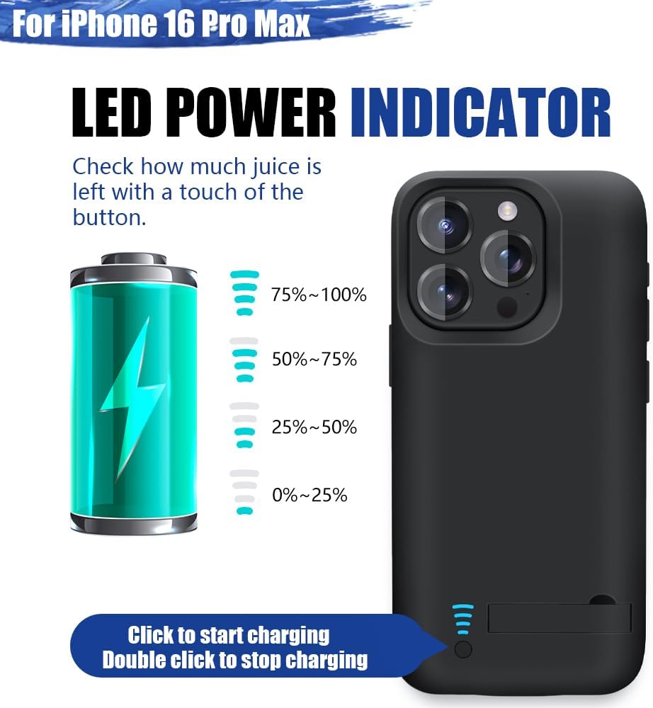 BAHOND Battery Case for iPhone 16 Pro Max, 6000mAh Rechargeable Extended Battery Charging/Charger Case, Add 100% Extra Juice (6.9 inch) Black 6 61QCMFSVpGL. AC SL1000