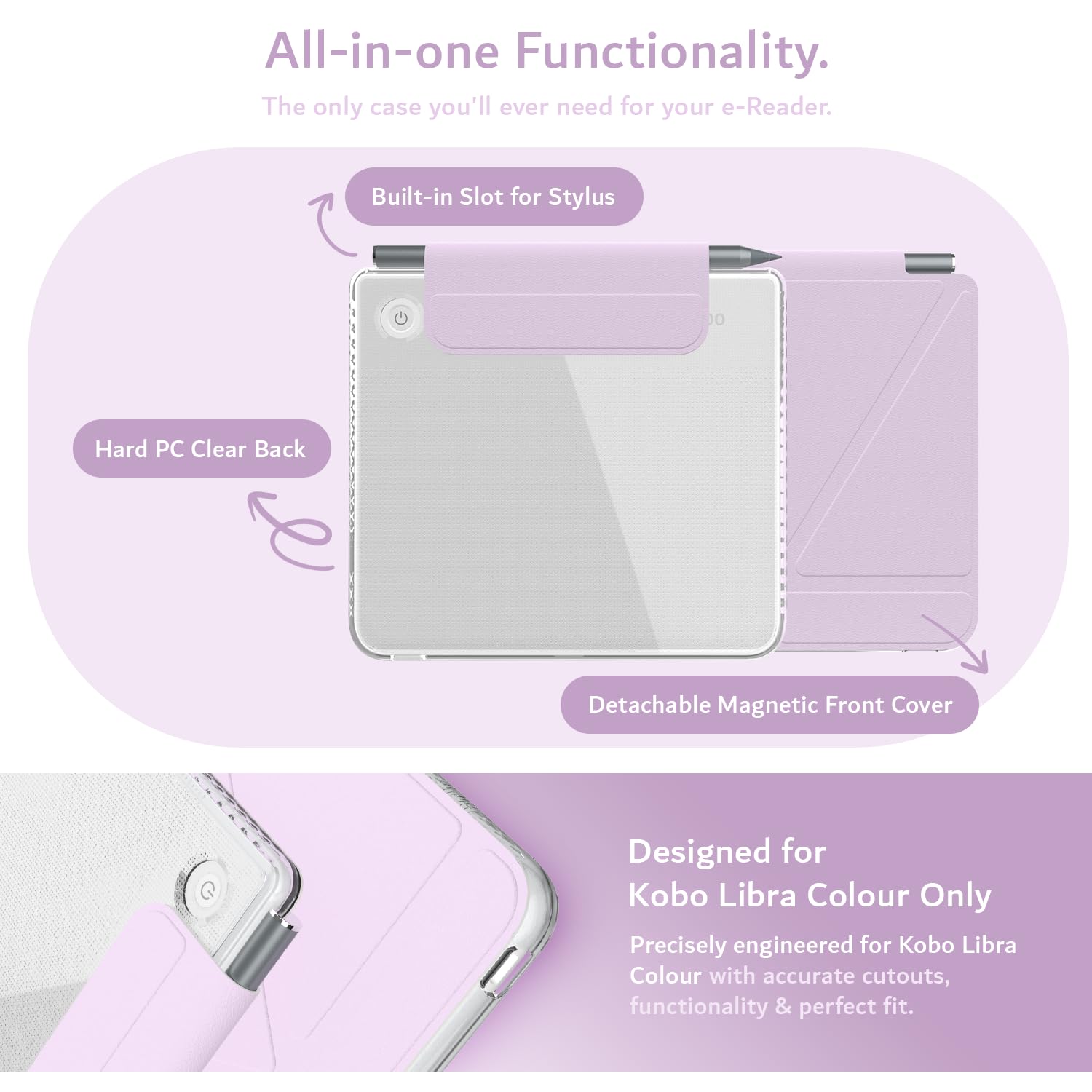 TUDIA M-FLIP Detachable Clear Magnetic Case for Kobo Libra Colour (2024) - [Auto Wake/Sleep] Shockproof Slim Transparent Back Magnetic Fold Cover with Stylus Holder (Purple) - 3