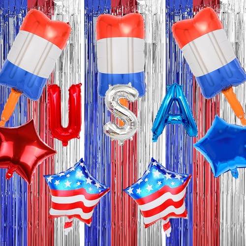 Image of 5Pcs Patriotic Popsicle Foil Balloons, Red White Blue Balloons for Memorial Day 4th of July Party Summer Party Decorations