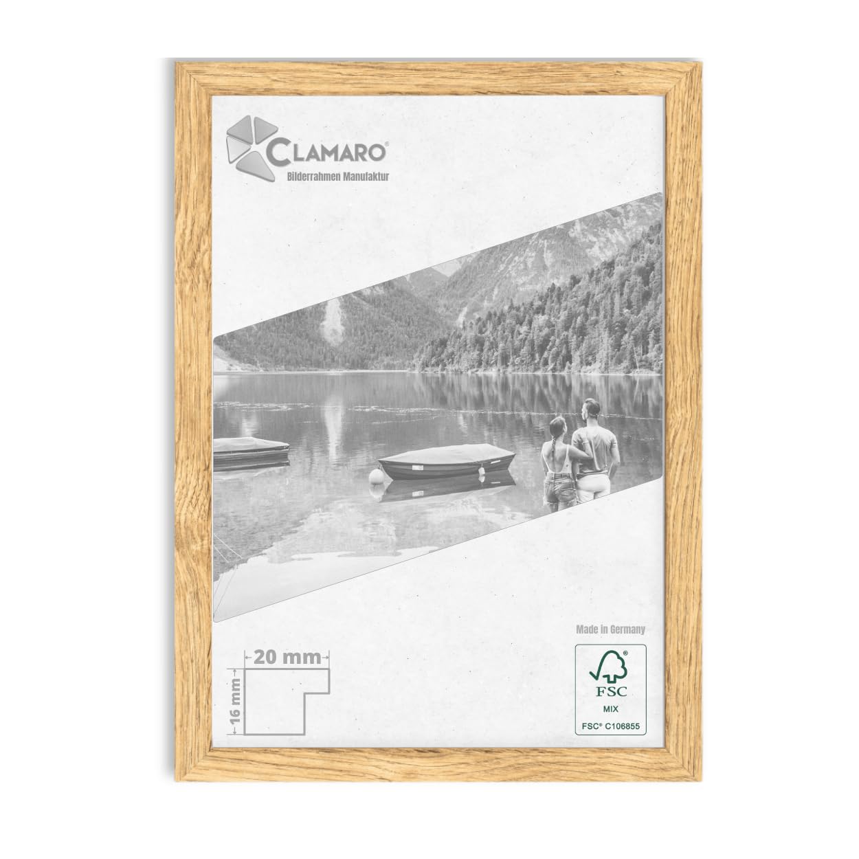 CLAMARO 'COLLAGE 20' Picture Frame 45x55 Handmade to Measure | Natural Oak | Modern 20 mm Wide Slim Design MDF Wooden Picture Frame Incl. Acrylic Glass, Rear Panel and Hanger