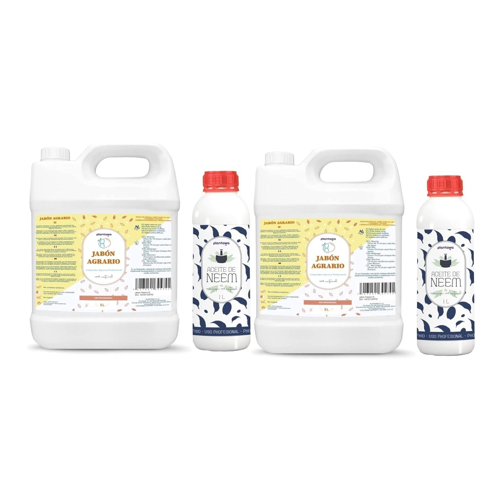 PLANTAWA Pack Jabón Potásico 2x5L + Aceite de Neem 2x1L | Solución Multiusos | Fácil Aplicación y Máxima Eficacia | Versátil | Uso en Interior y Exterior | Productos de origen natural