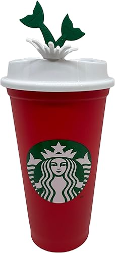 STARBUCKS Tapón de cola de sirena de Navidad con taza de viaje reutilizable roja, tazavaso grande mediano, 16 onzas, 16.0 fl oz