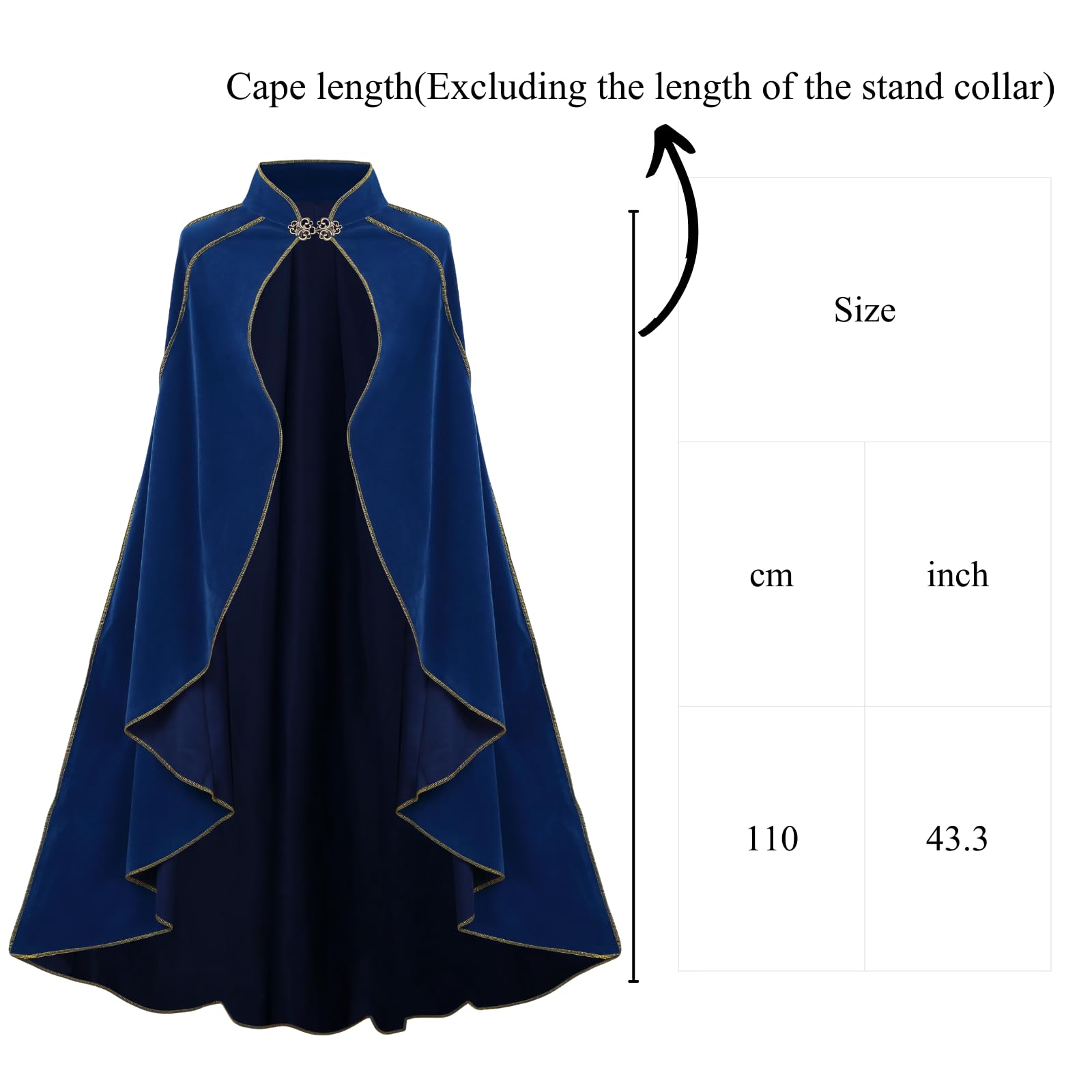 RRCBMD Womens Medieval Cloak Renaissance Victorian Deluxe Stand Collar Velvet Gold Trim Blue Cape for Adult Halloween Cosplay Dress Up 43.3Inch - Image 3