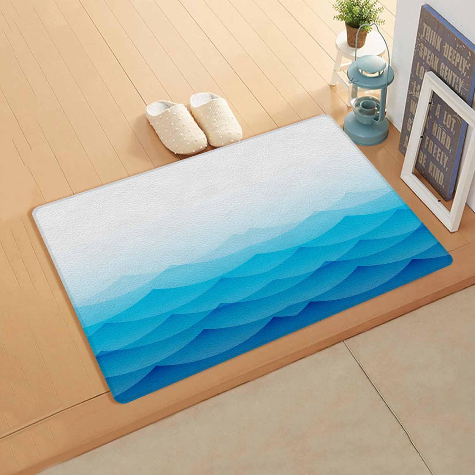 Geometric Ocean Antifatigue Kitchen Bath Door Mat Cushioned Runner Rug,Washable Welcome Floor Sink Mat,Waterproof & Non-Slip Standing Doormat for Kitchen,Summer Ombre Blue Sea Waves Minimalist 18
