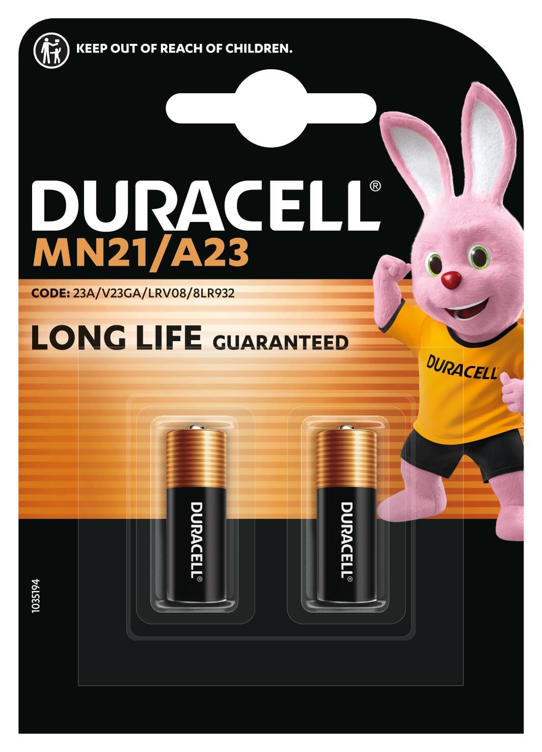 DURACELL MN21 (2 Pack) Specialty Alkaline Battery 12V (A23/23A/V23GA/LRV08/8LR932) – Long life guarantee – For Remotes, Wireless Doorbells, Security Systems – 5–Year Storage Guarantee -Leak Prevention