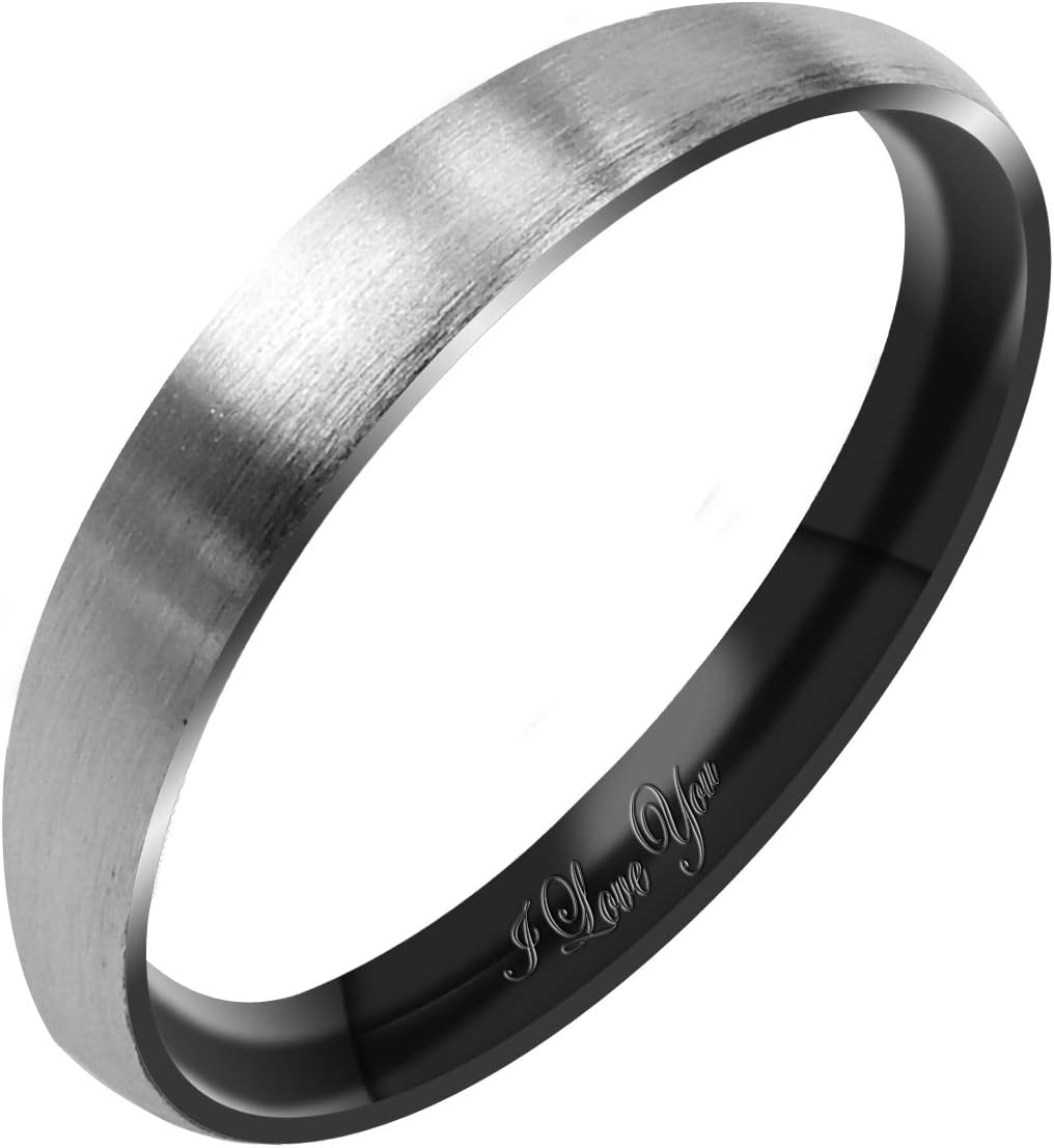 Everstone Women's Matte & Brushed 3MM & 5MM & 7MM Dome Promise Ring Wedding Bands Titanium Ring Color: Black & Silver Engraved I Love You