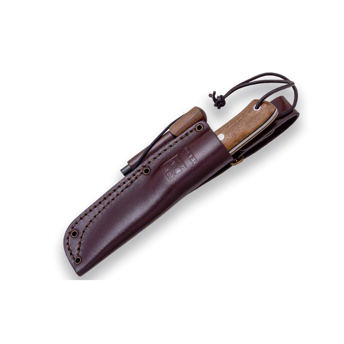 joker Coltello Bushcraft Nordico CN119-P, manico in legno di noce, lama da 10 cm, fodero in pelle marrone con selce, per la pesca, la caccia, il campeggio e l'escursionismo