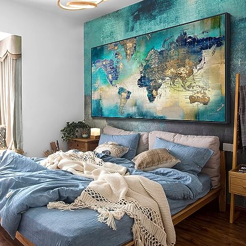 Image of Pogusmavi World Map Wall Art for Living Room - Large Framed World Maps for Wall, Green Abstract Canvas Artwork for Walls, Modern Office Decor, Map Wall Art for Men (Black Framed) 29x58IN