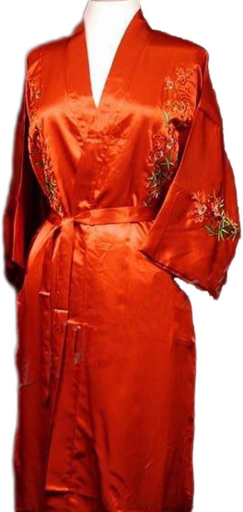 Chinese Women's Silk Satin Embroidery Kimono Robe Gown Flowers (Red, S)
