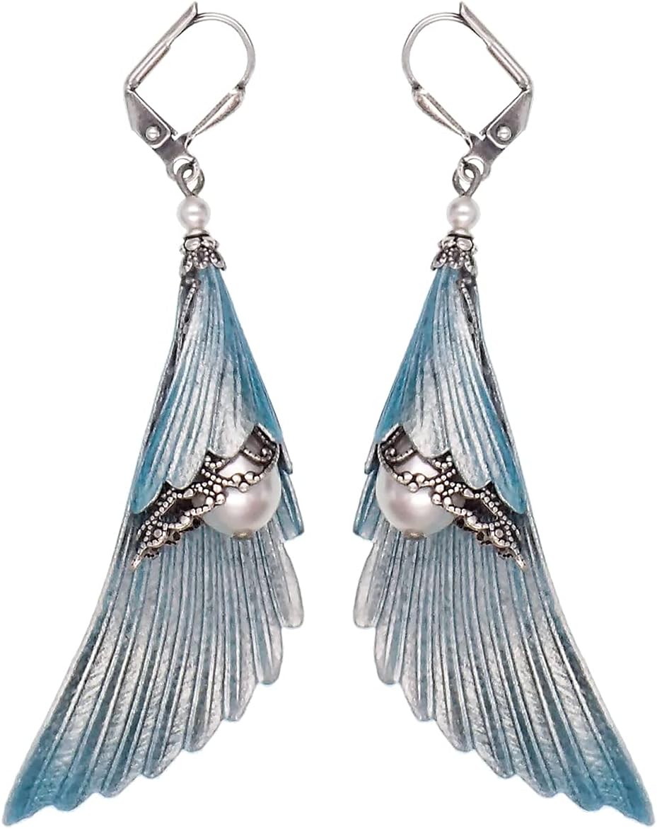 Ethereal Iridescent Angel Wing Earrings with White Crystal Simulated Pearls