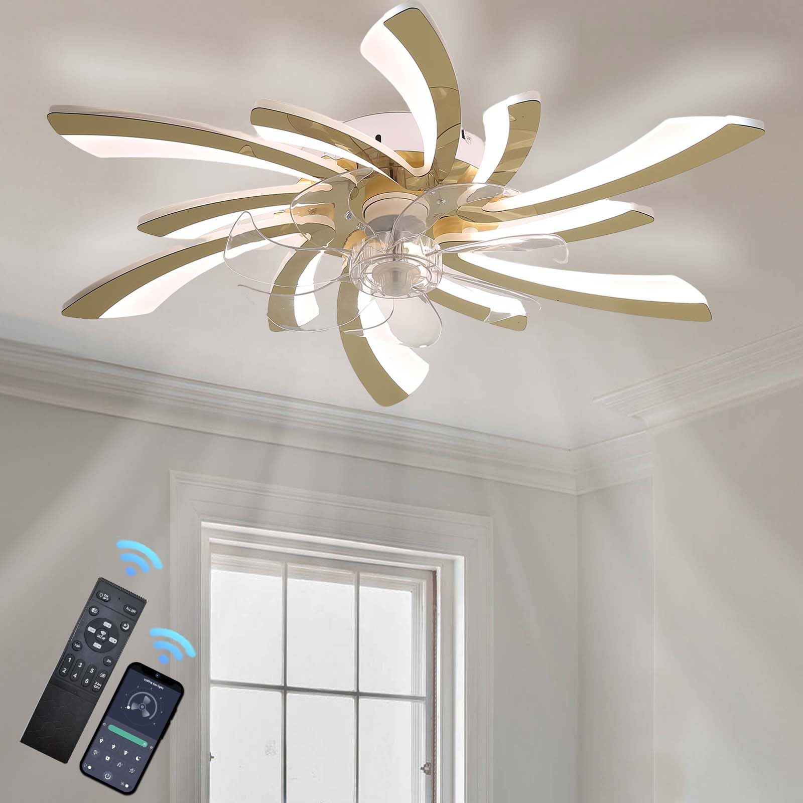 HXYSXHJUO Ceiling Fans with Lights and Remote,Summer Winter 6 Speeds Lamps, Reversible DC Motor，Stepless Color Temperature, Quiet Fan for Bedroom, Kitchen -Gold