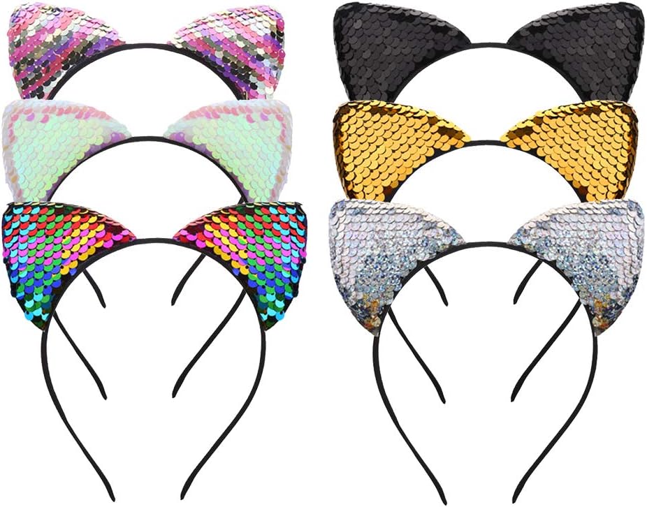 SULOLI 6 Pack Sequins Cat Ears Headband Accessories for Kids Women Party Decorations