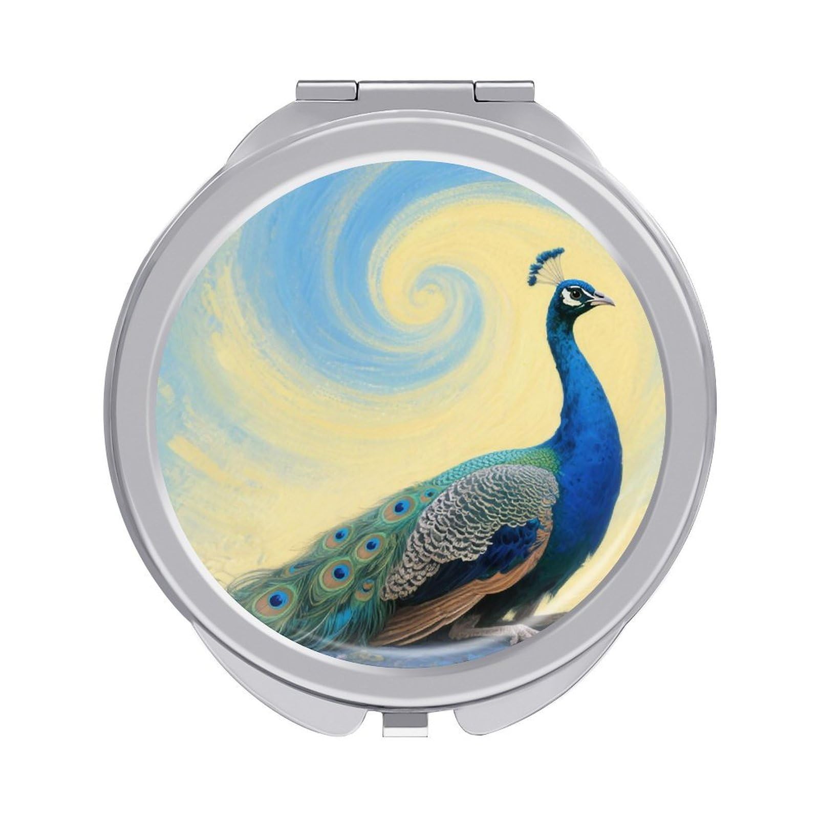 FodPand Compact Hand Mirror with 1x/2x Magnifying Round Travel Makeup Mirror Mini Foldable Elegant Peacock Cosmetic Mirrors Travel Essentials Gift for Women Girl Portable for Pocket Purse -Silver
